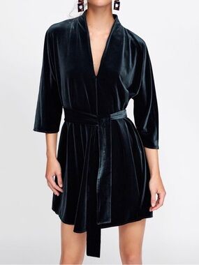 Zara Sea Green Velvet Belted Robe Dress with 3/4 Length Sleeves size M